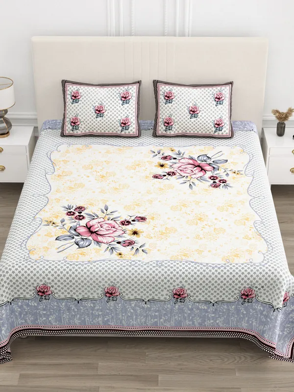 White_Cotton_Rajwada_Phool_Collection_Double_Bedsheet_With_Pillow_Cover_100_X_108_Cm